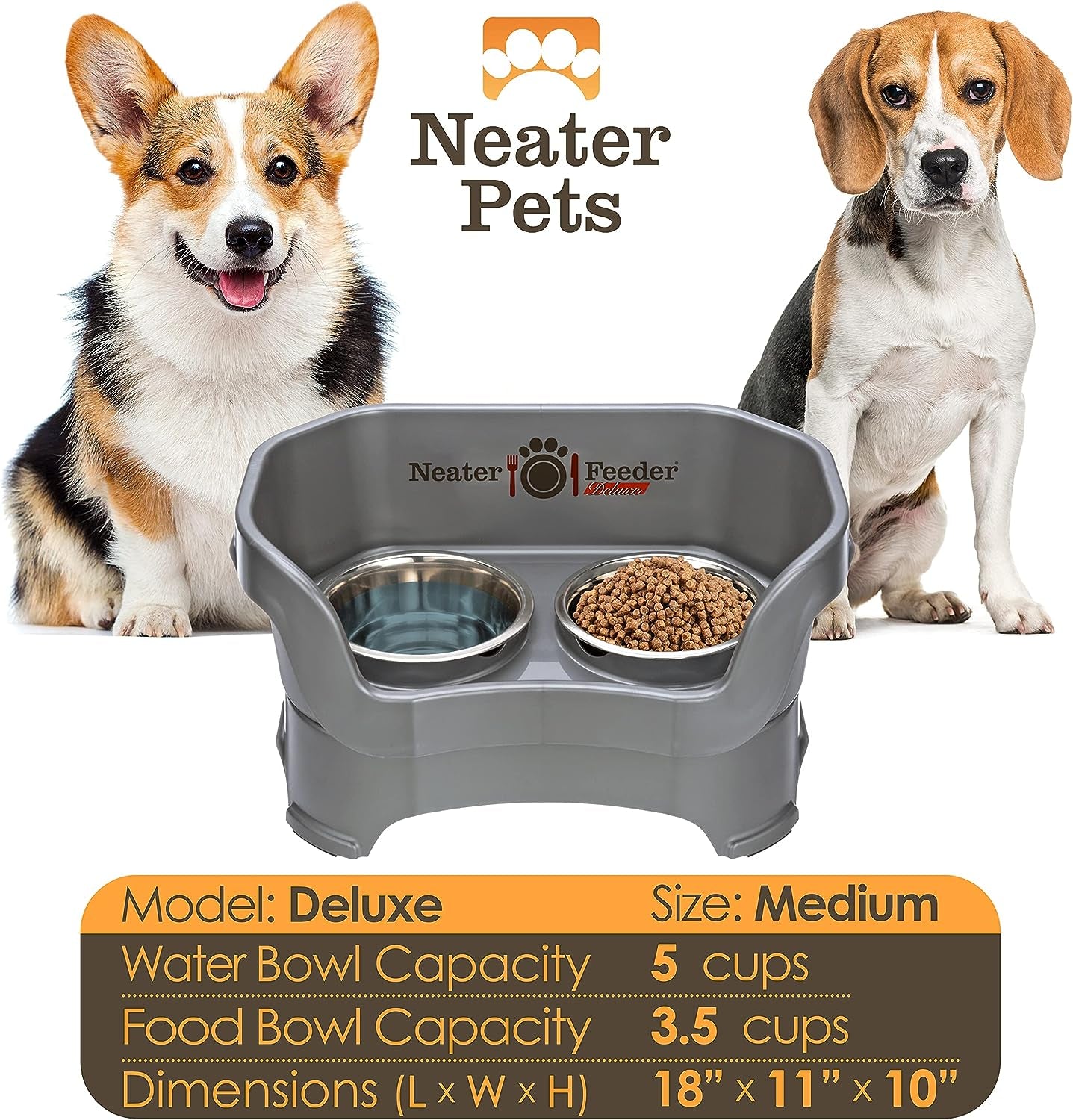 Neater Feeder Deluxe Medium Mess Proof Feeder for Medium Dogs, 3-1/2 Cup Food & 5 Cup Water Stainless Steel Dog Bowls, Elevated, No Spill, Non-Tip, Non-Slip. Made in USA