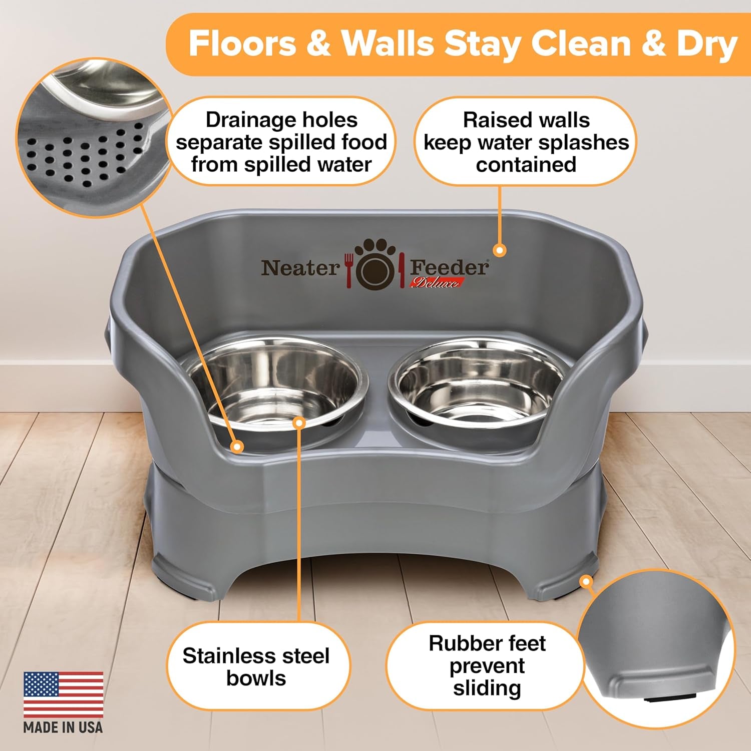 Neater Feeder Deluxe Medium Mess Proof Feeder for Medium Dogs, 3-1/2 Cup Food & 5 Cup Water Stainless Steel Dog Bowls, Elevated, No Spill, Non-Tip, Non-Slip. Made in USA