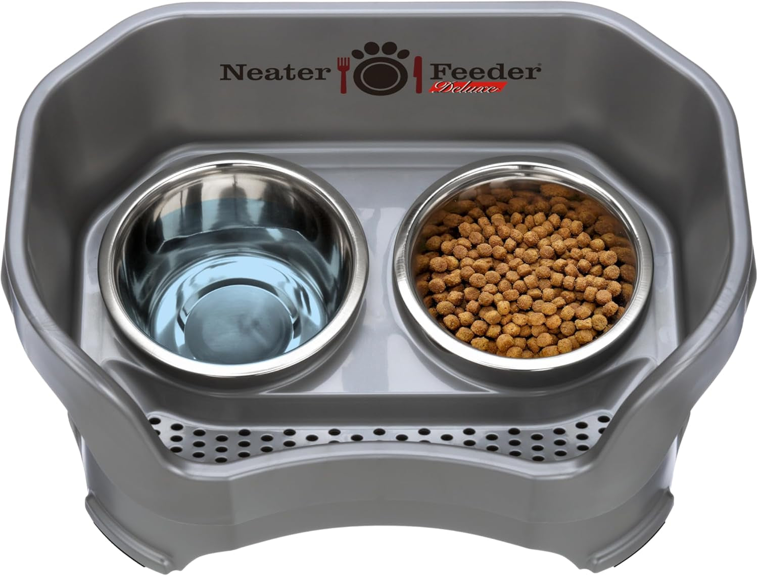 Neater Feeder Deluxe Medium Mess Proof Feeder for Medium Dogs, 3-1/2 Cup Food & 5 Cup Water Stainless Steel Dog Bowls, Elevated, No Spill, Non-Tip, Non-Slip. Made in USA