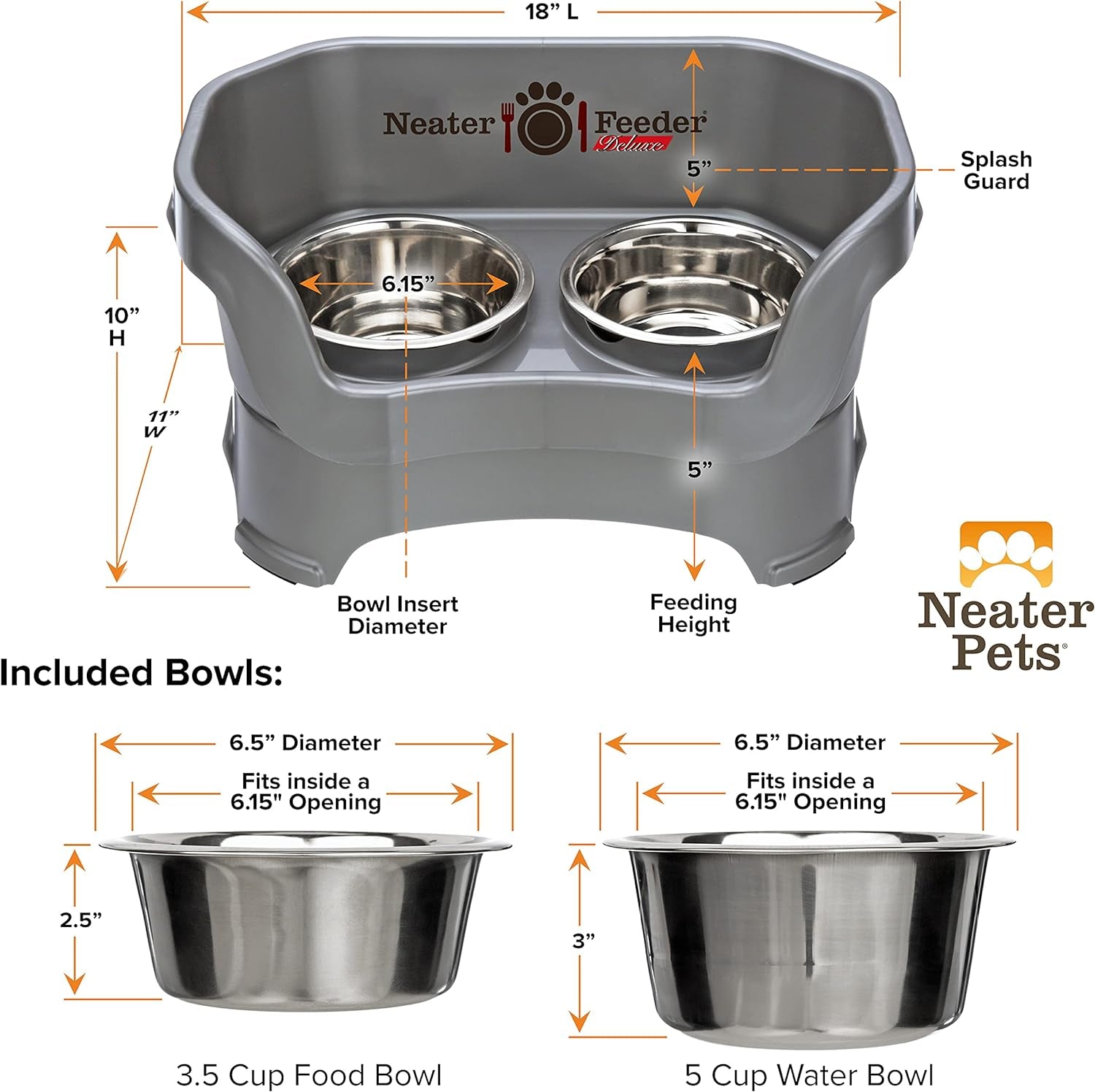 Neater Feeder Deluxe Medium Mess Proof Feeder for Medium Dogs, 3-1/2 Cup Food & 5 Cup Water Stainless Steel Dog Bowls, Elevated, No Spill, Non-Tip, Non-Slip. Made in USA